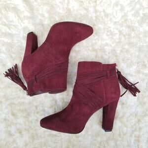 Red Boots WHBM Blayde Size 7 Strappy Ankle Bootie Heel Tassel Zip Suede Leather